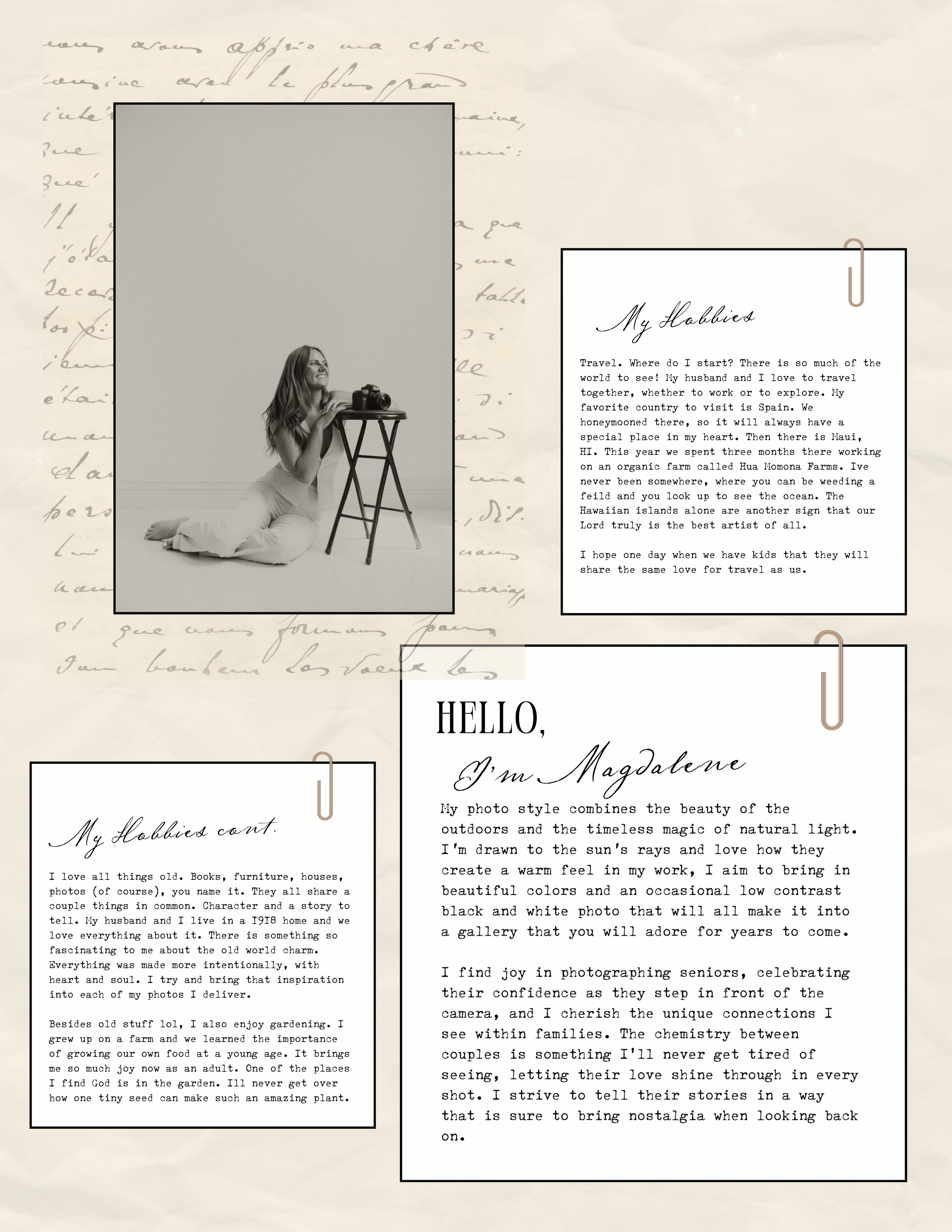An assortment of monochromatic vintage letter and book designs arranged in a grid-like layout with text and photographs.