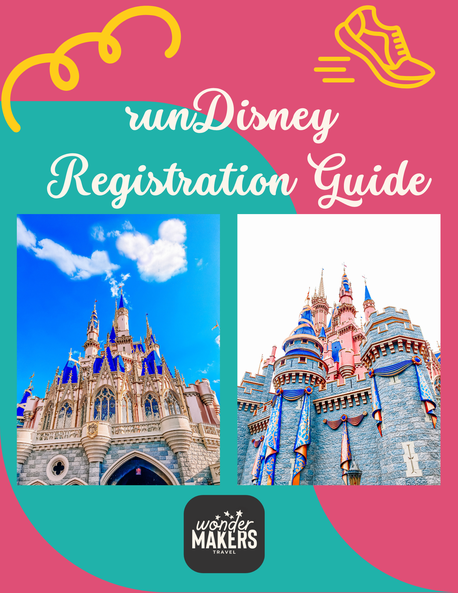 runDisney registration guide cover featuring Cinderella Castle and castle images on turquoise background.