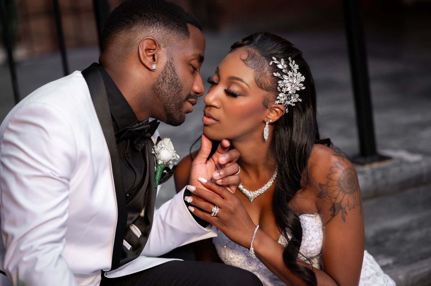 Bride & groom almost kiss at luxury wedding venue, Venue 1902 in Sanford, Florida. captured by luxury wedding photographers in Florida.