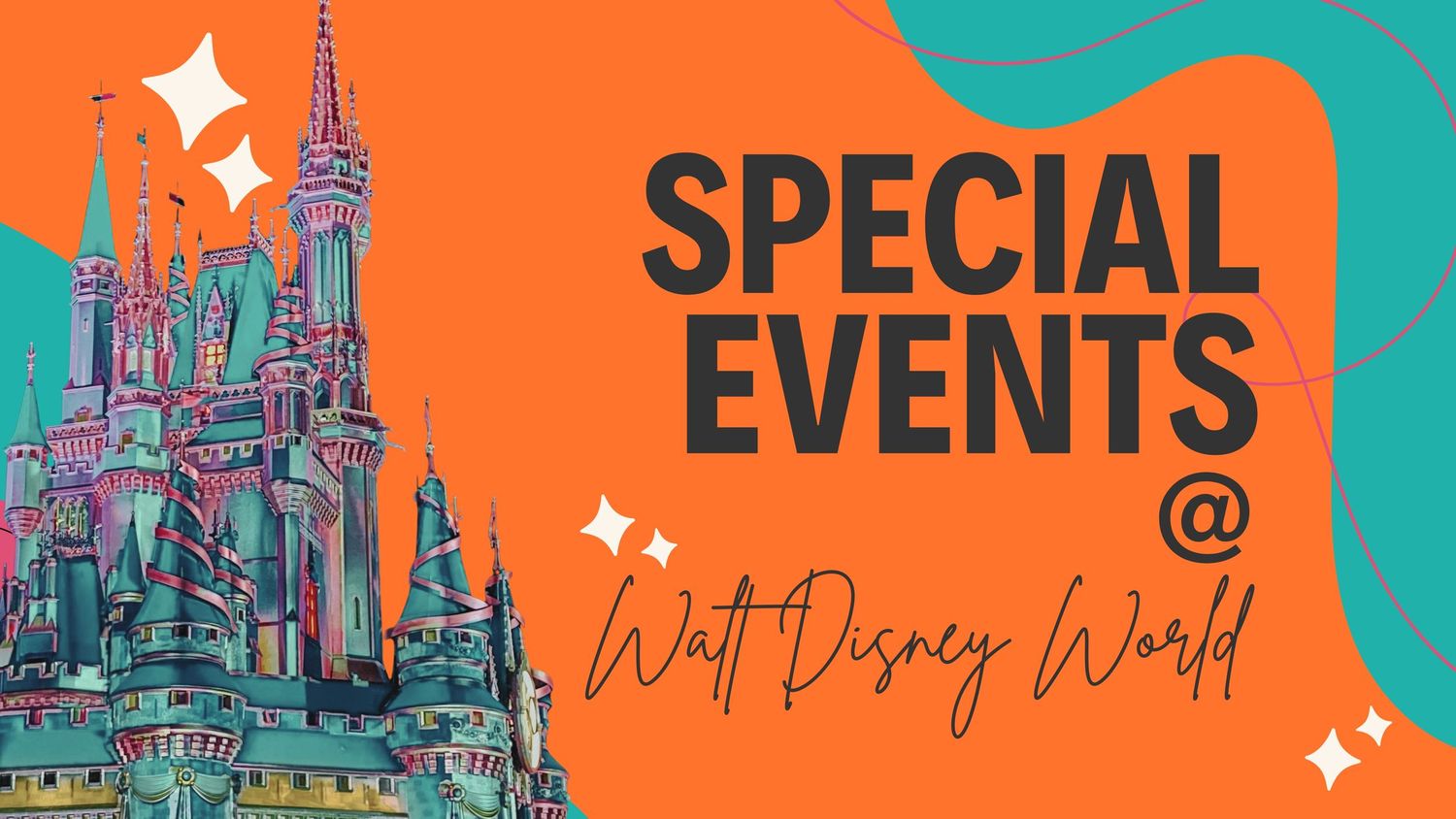 Disney World banner with castle silhouette on orange and teal background.