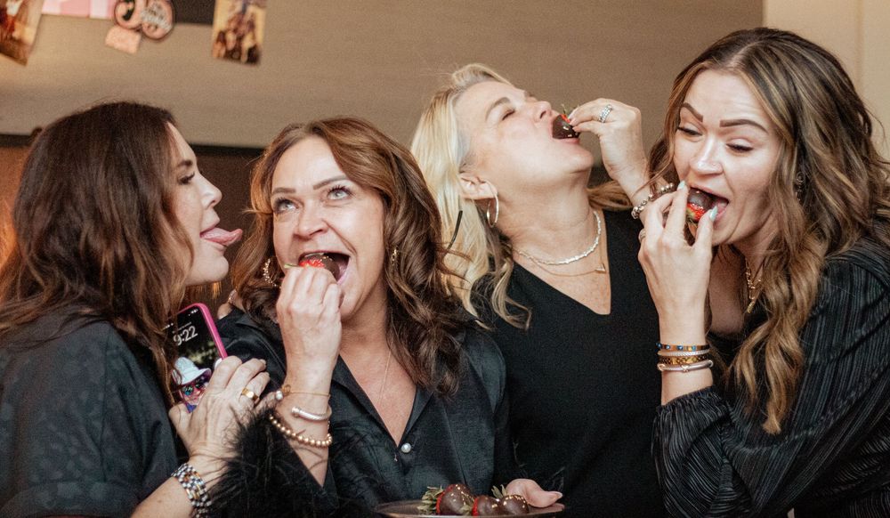 A sequence of images showing friends sharing a joyful moment while drinking together at a party or gathering.