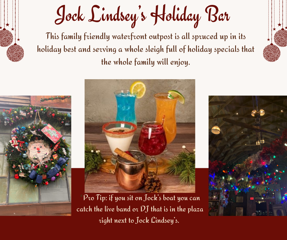 Holiday bar display featuring a festive wreath, colorful cocktails, and twinkling lights at a Disney resort.