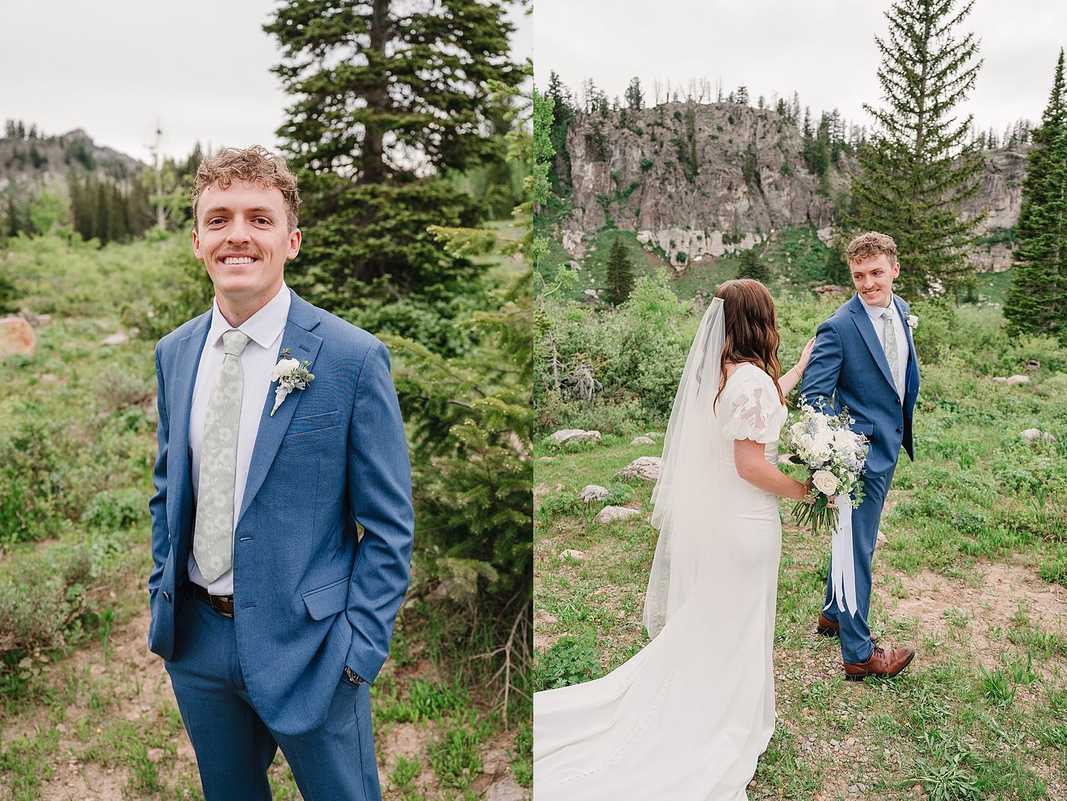 Outdoor mountain wedding photos featuring a couple in blue suit and white dress among evergreen trees at a scenic venue.