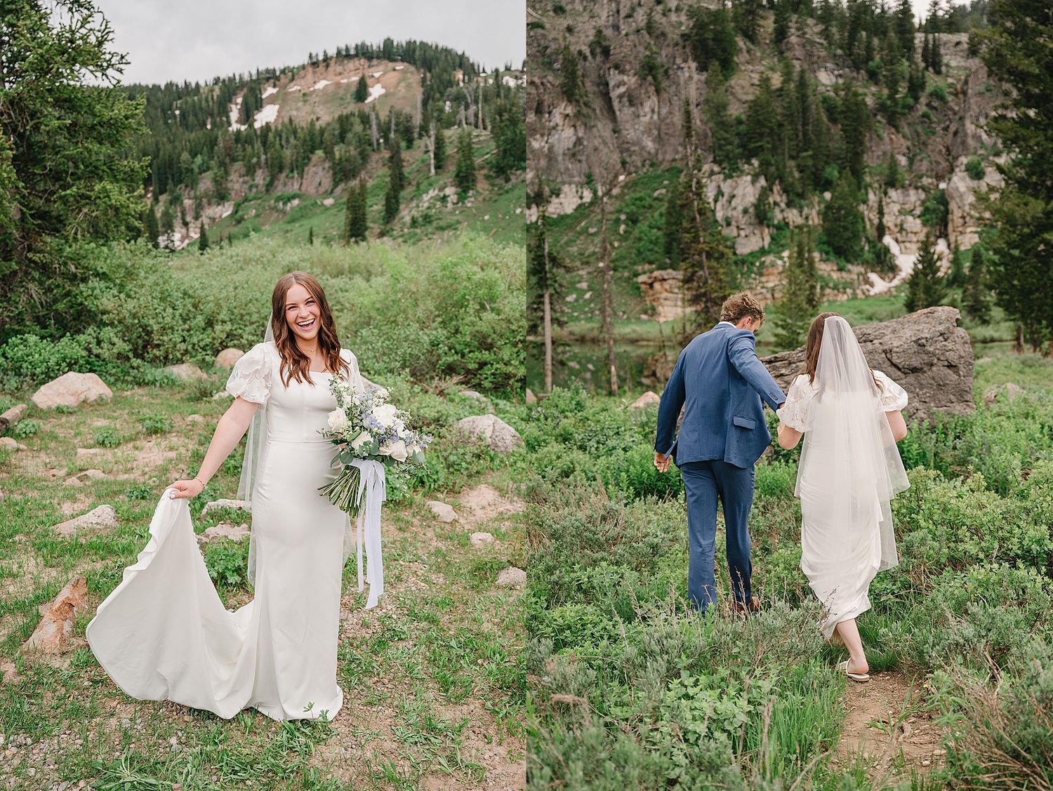 Two figures walk through a scenic mountain meadow filled with wildflowers and rocky terrain.