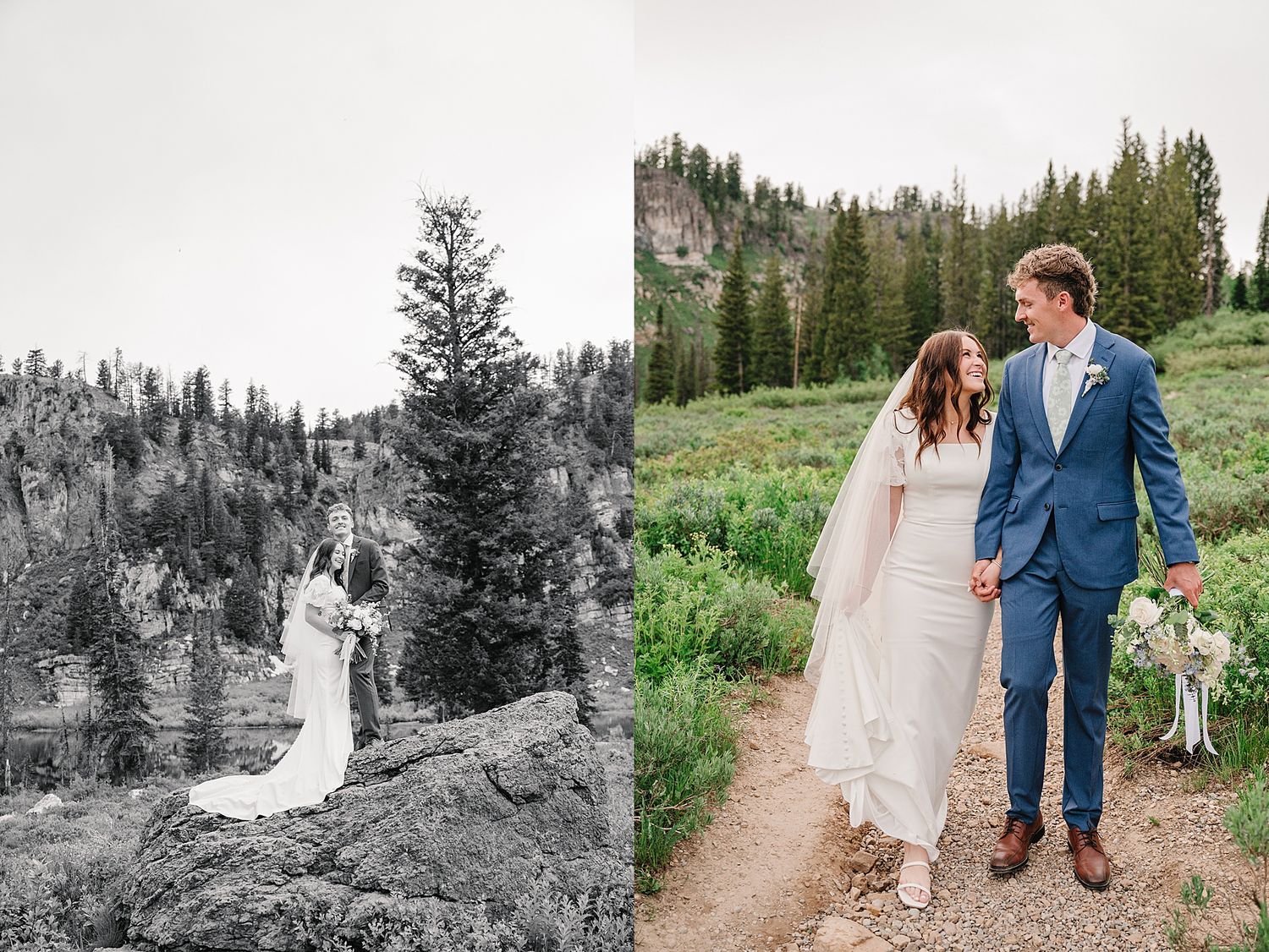 Two wedding photos show a couple outdoors - one in black and white near pines, one in color on a mountain trail.
