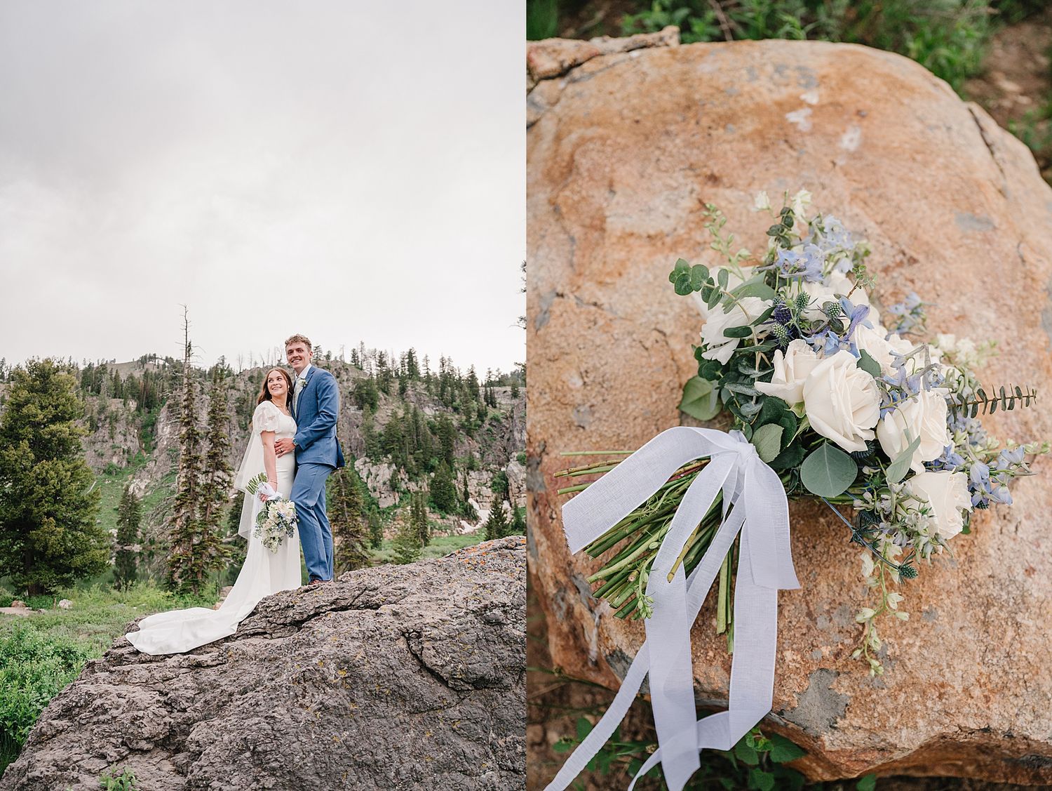 Couple poses among large orange rocks and evergreen trees during rustic mountain wedding with flowing white gown and blue accents.