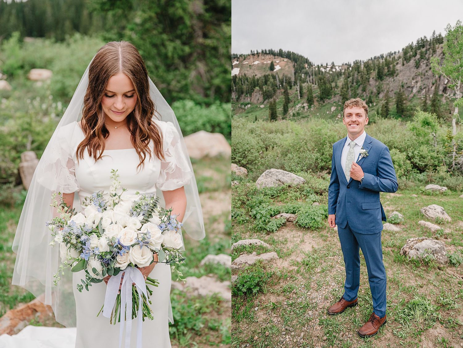 Wedding couple surrounded by stunning mountain landscapes and green meadows at Albion Basin wedding venue.