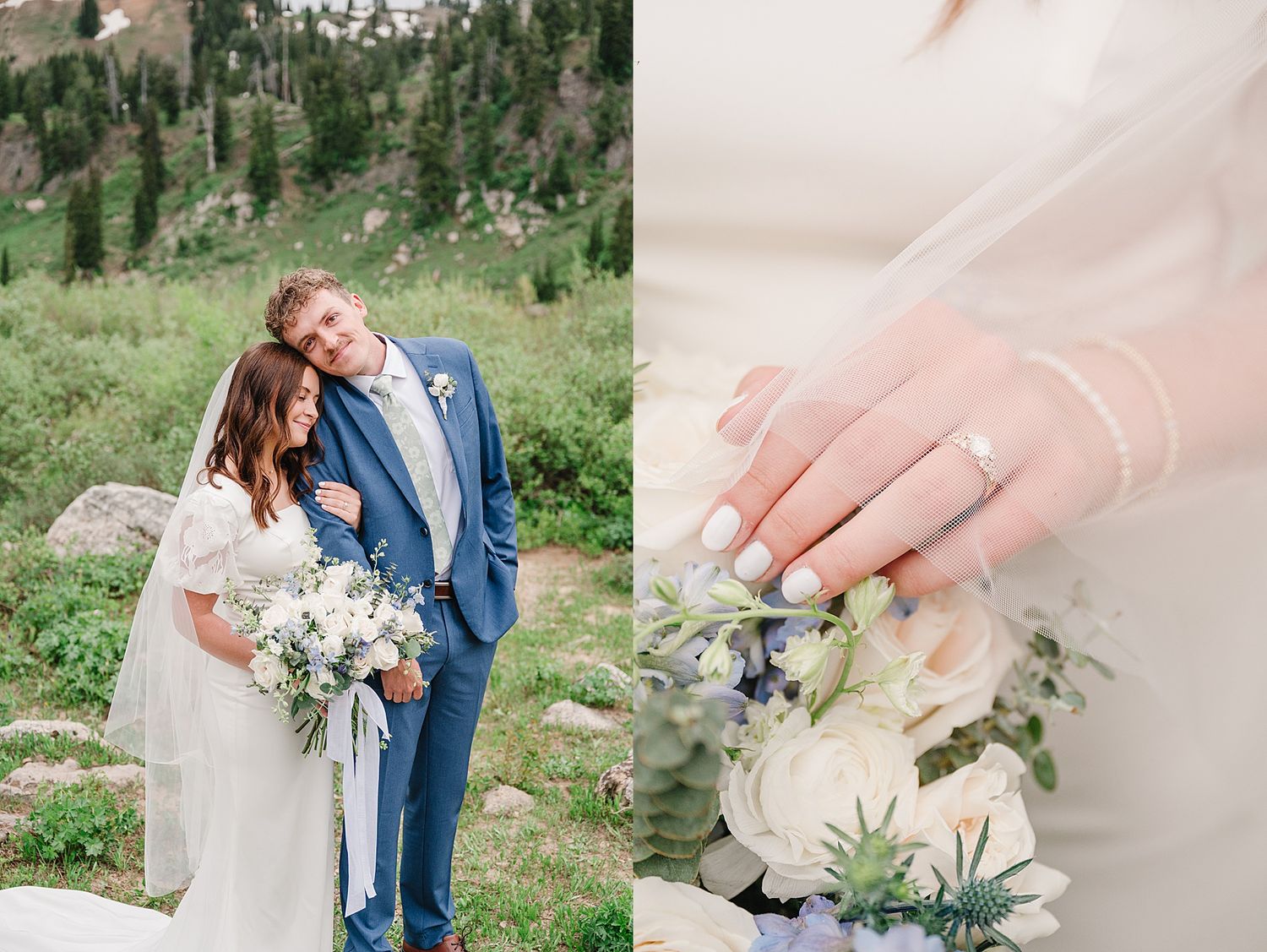 A romantic mountain wedding photo sequence showing details of rings, bouquets and intimate moments in an outdoor setting.