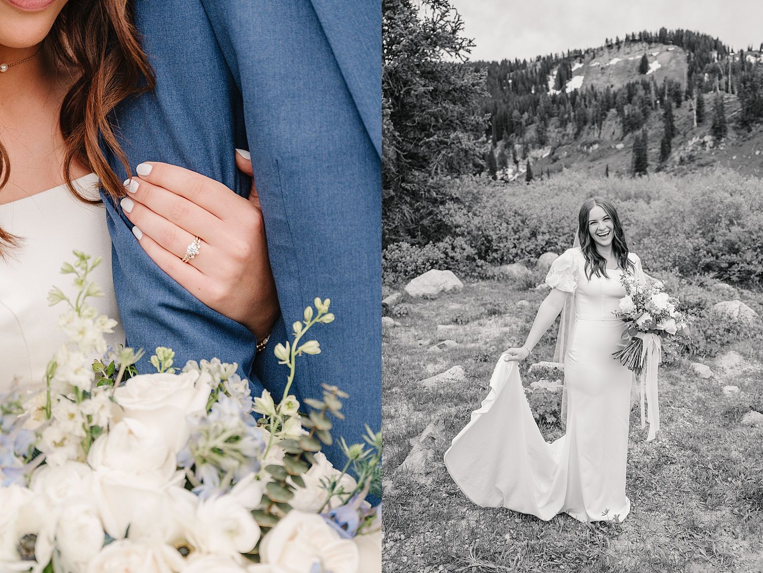 Newlyweds share intimate moments in a garden setting wearing formal wedding attire with white floral bouquets.