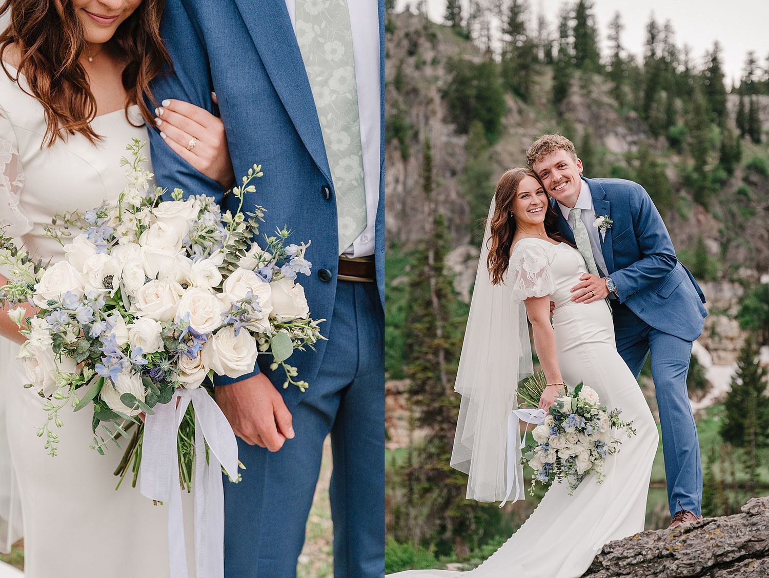 A couple in wedding attire holds a romantic pose with evergreen trees and mountain scenery in the background.