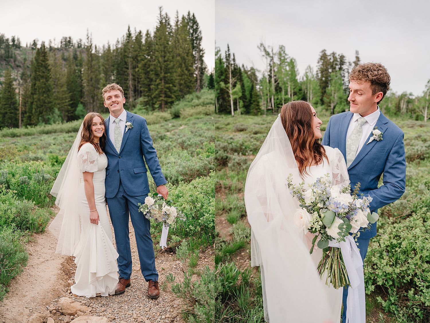 Wedding couple stands together on mountain trail surrounded by evergreen forest in Utah holding white floral bouquet.
