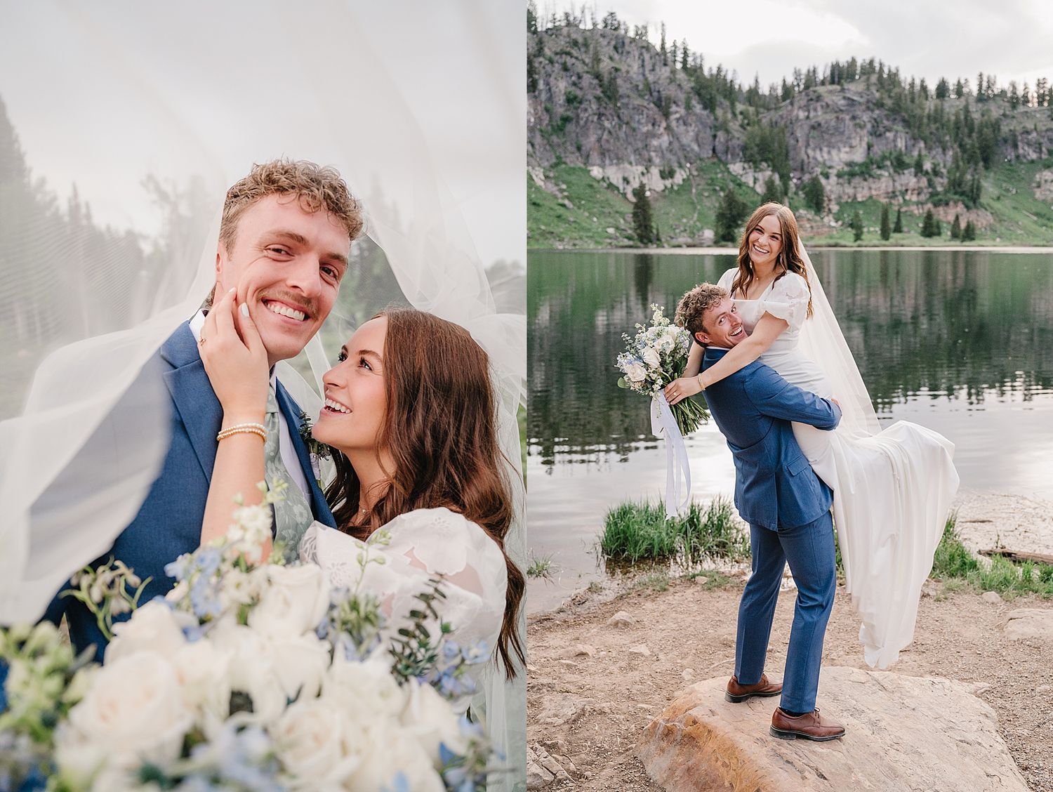 A happy couple shares romantic wedding moments near a serene mountain lake with evergreen trees and cliffs in the background.