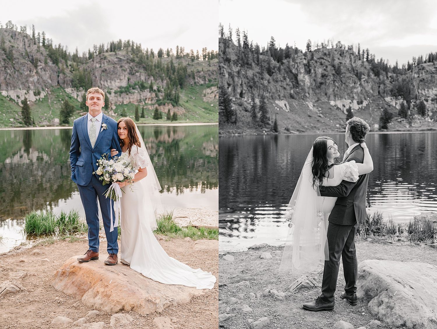 A serene mountain lake with evergreen trees creates a stunning backdrop for a couple's wedding photos.