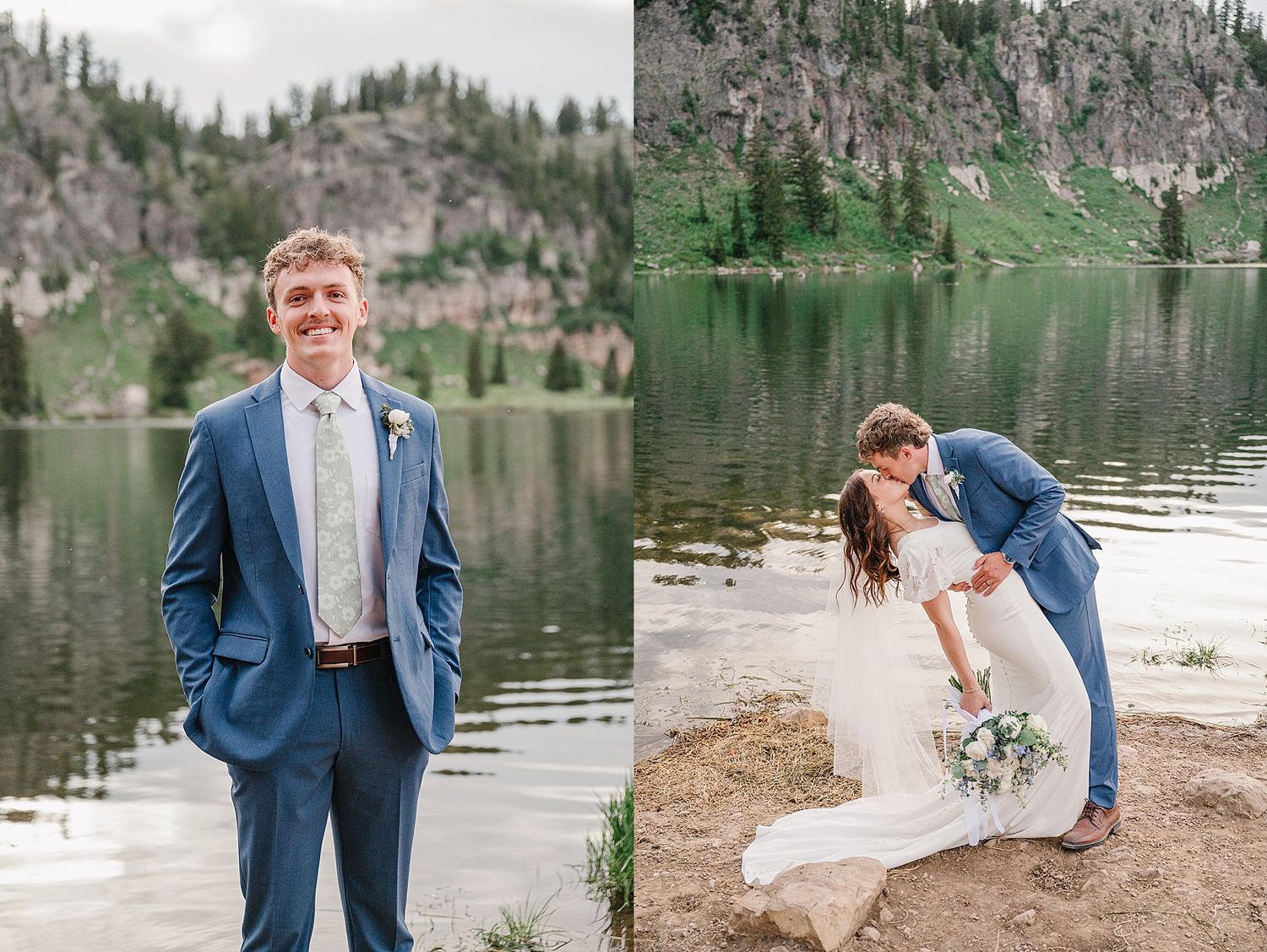 A couple in wedding attire poses together by a serene mountain lake on their special day, surrounded by evergreen trees.