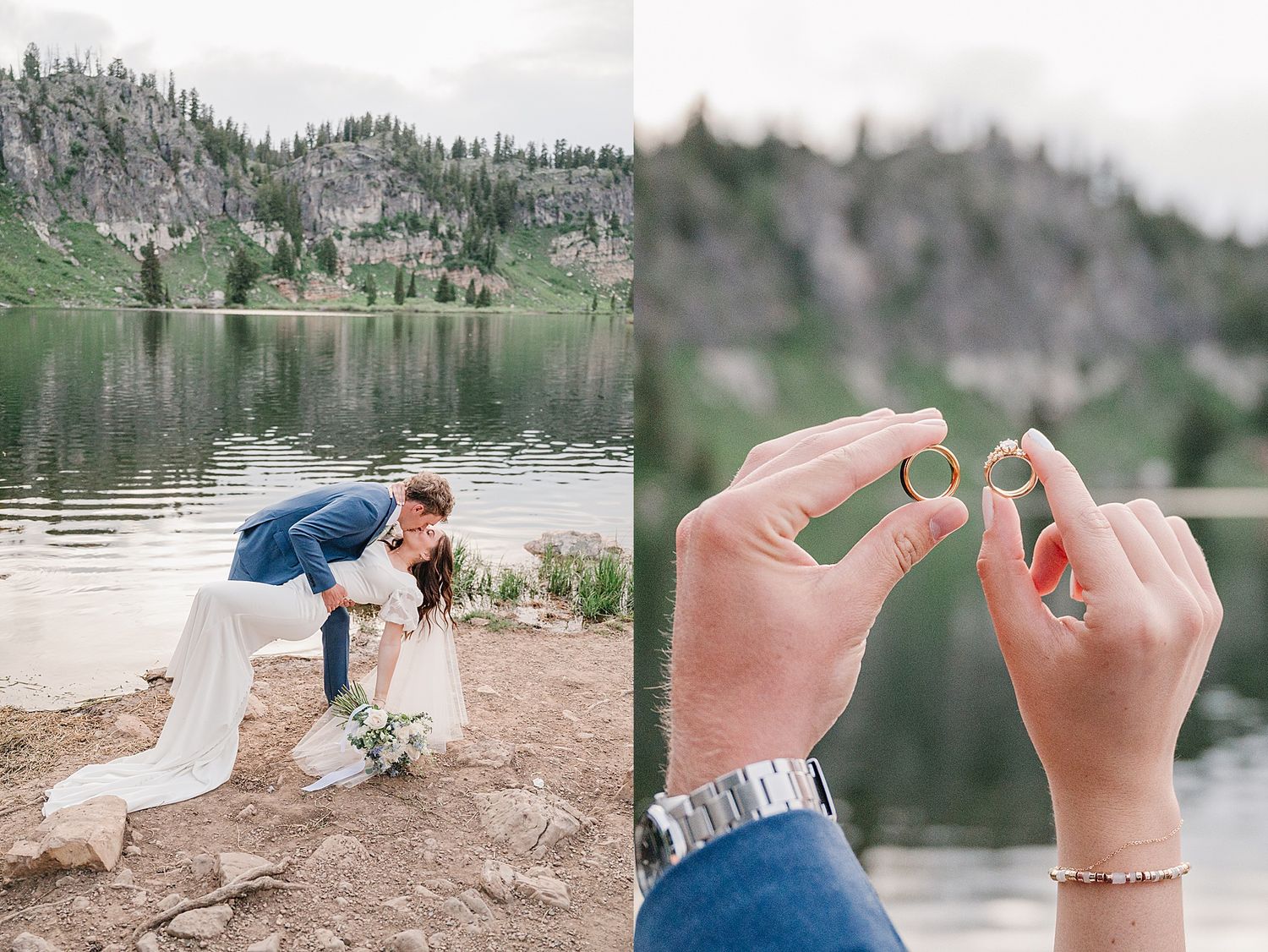 Couple shares tender moment by mountain lake while close-up shot shows hands holding ring in natural landscape.