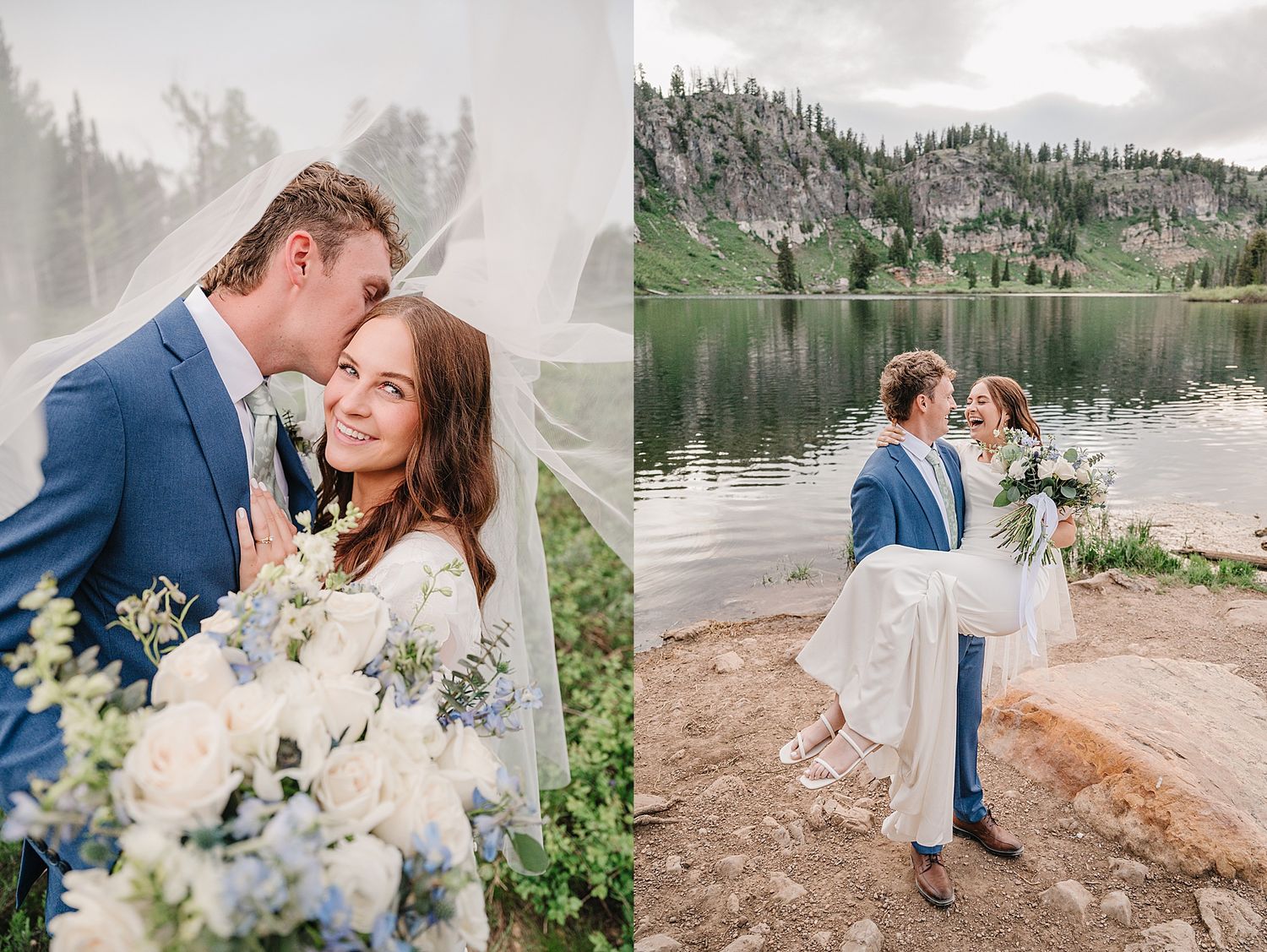 A stunning outdoor wedding photo shoot featuring a couple in blue and white by a scenic mountain lake and forest.