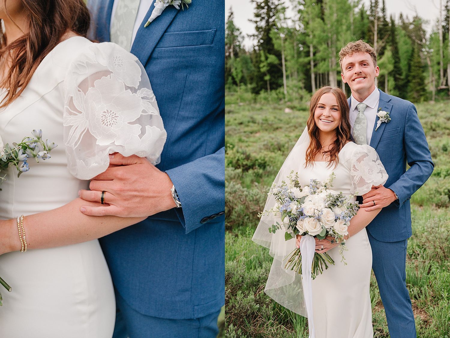 Elegant bride holds a white floral bouquet while embracing her groom in a blue suit at a mountain wedding venue.