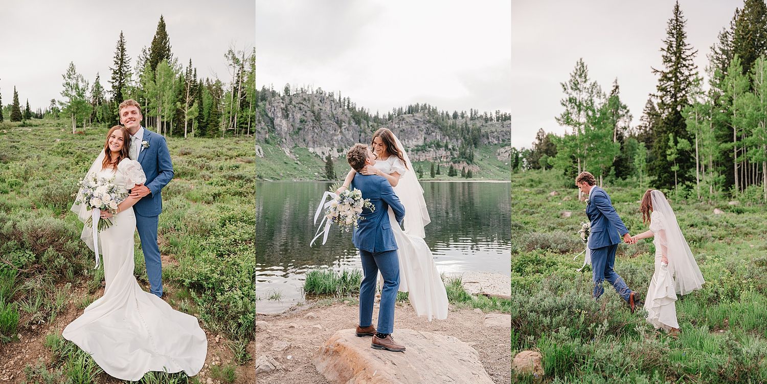 Wedding couple celebrates in scenic mountain landscape with evergreen trees and lake backdrop.