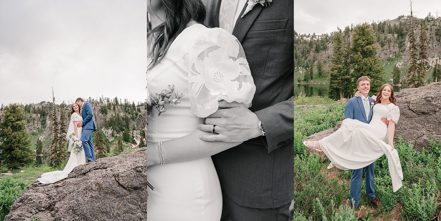 Elegant couples in wedding attire pose romantically among scenic mountain cliffs with lush evergreen forests in background.