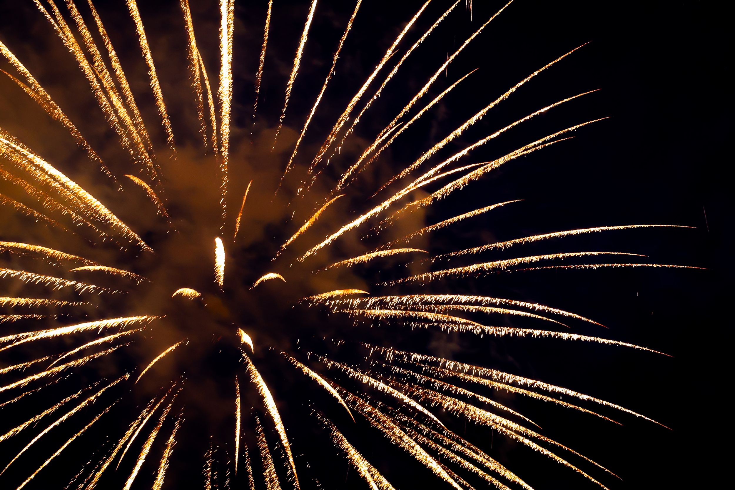 Golden firework explodes against dark night sky creating dramatic streaks of light and sparks.