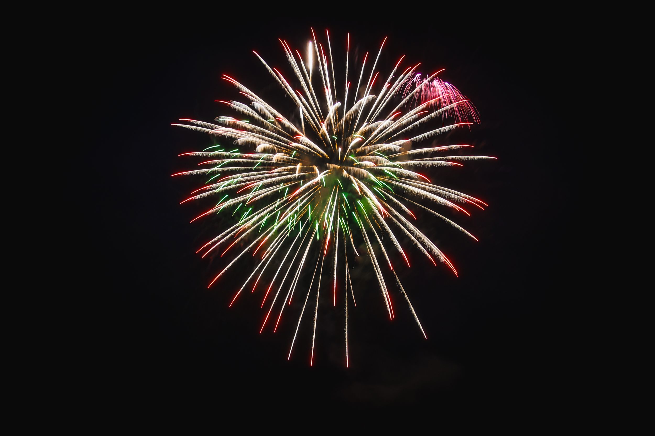 Vibrant fireworks illuminate the dark night sky with bursts of red, pink, and green colors forming star-like patterns.