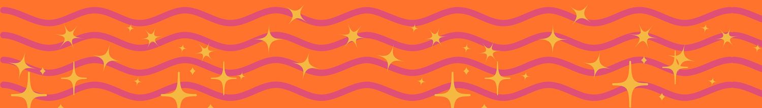 Abstract wavy pattern banner in orange and pink with white star accents.