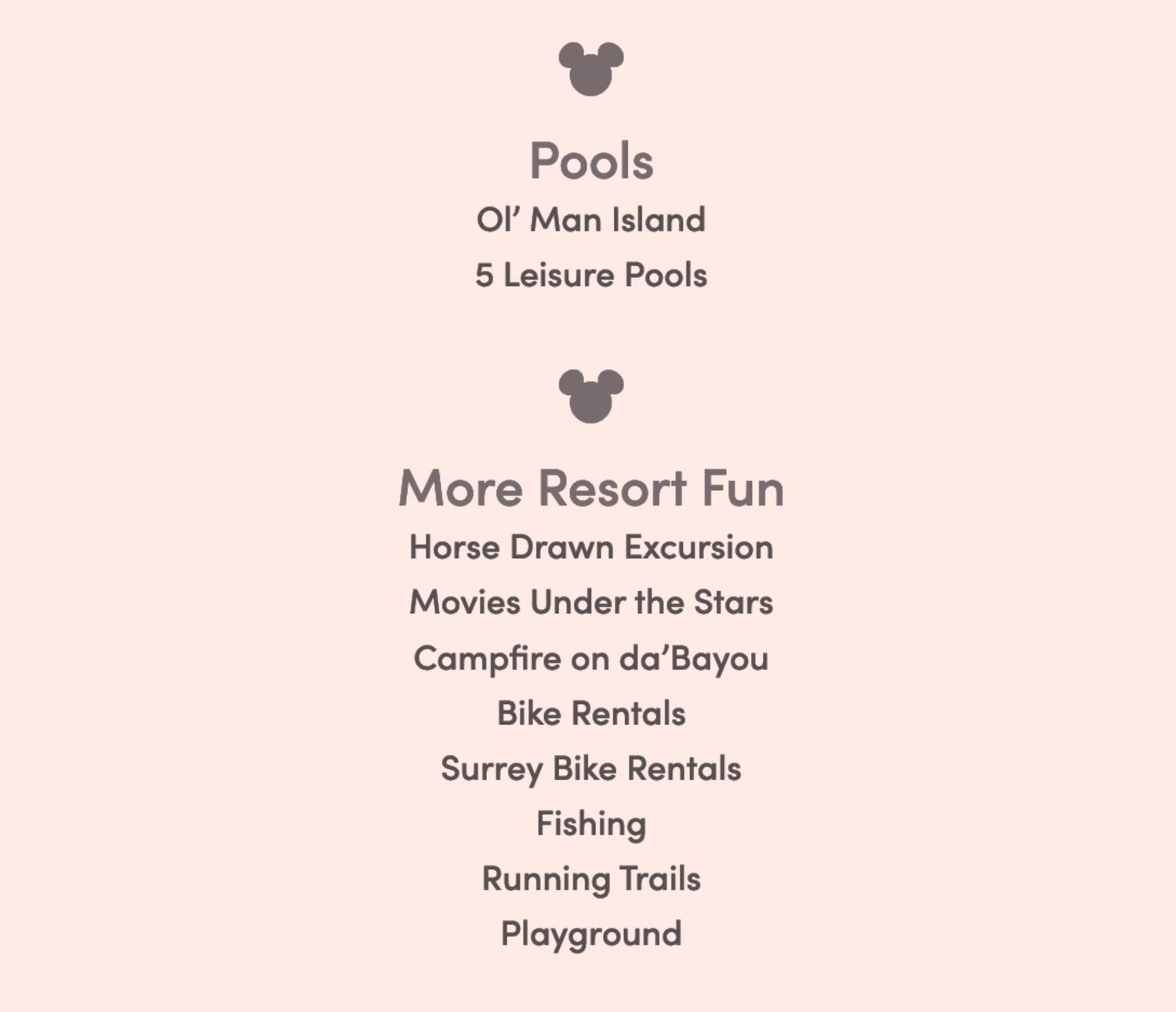 Resort amenities list showing pools and recreational activities available to guests.