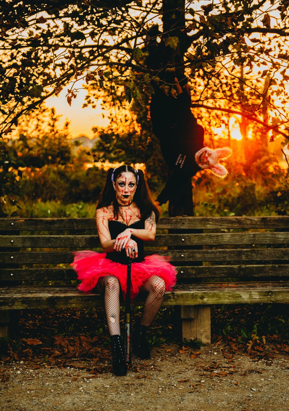 A person in a red tulle skirt sits on a wooden bench at sunset creating an artistic silhouette against golden light.