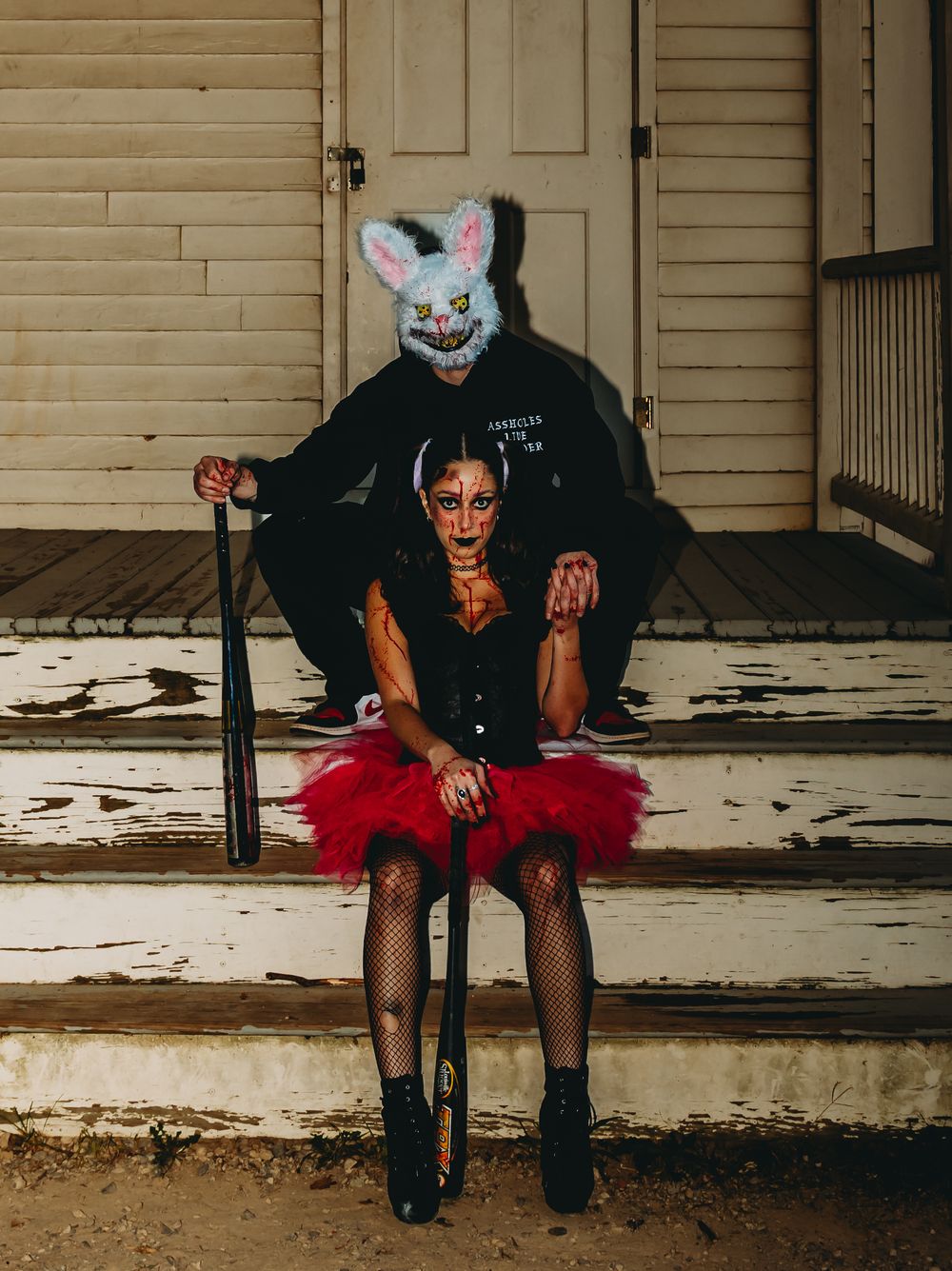 Sequence of atmospheric photos showing figures in creepy masks sitting on a porch.