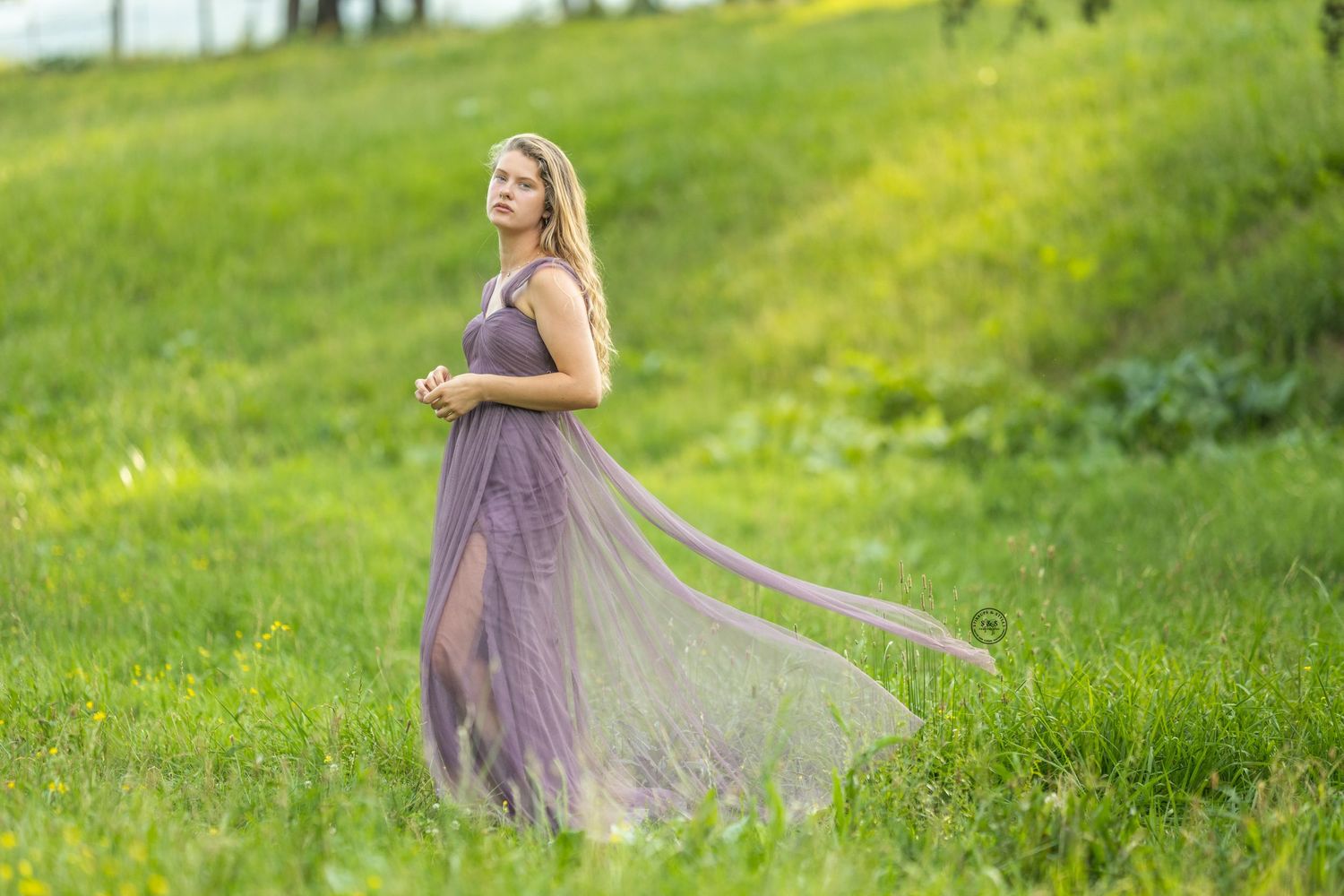 A flowing purple gown twirls gracefully in a lush green meadow on a sunny spring afternoon.