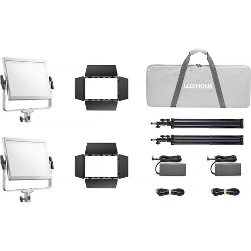 Professional LED video lighting kit with carry bag, light panels, mounting hardware and accessories for studio photography.
