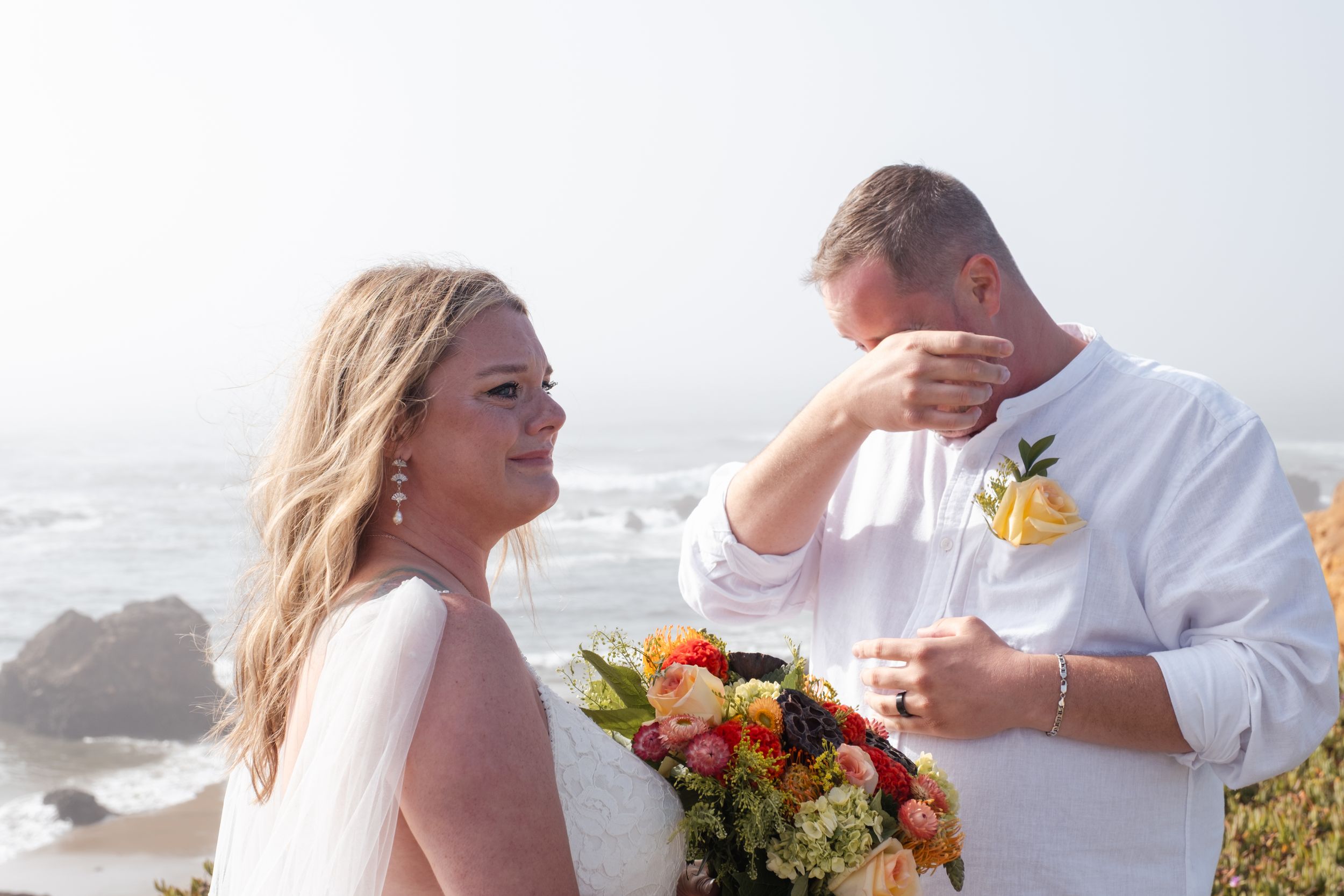 newly wed couple getting emotional.