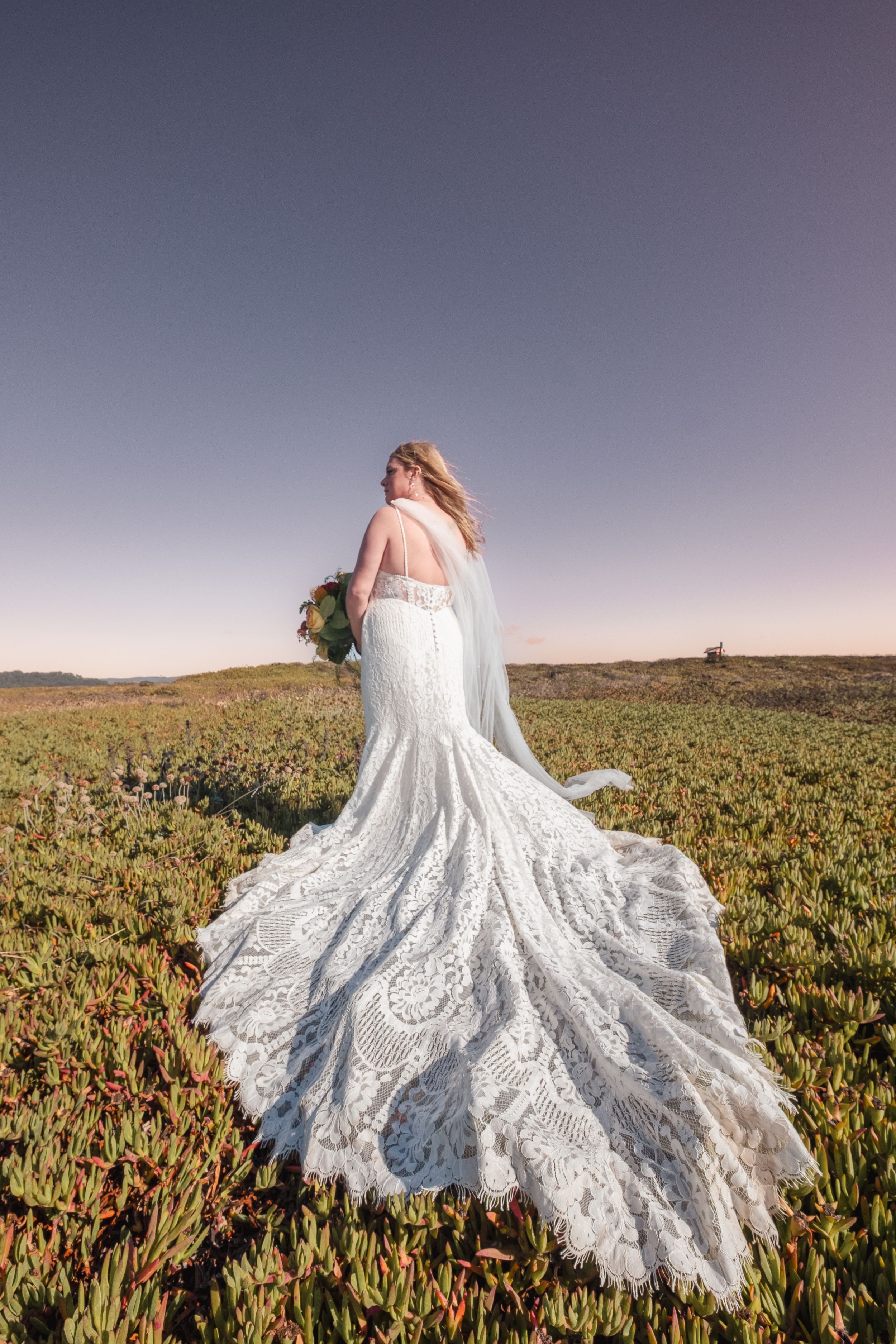 newly wed bride at a park during golden hour.
