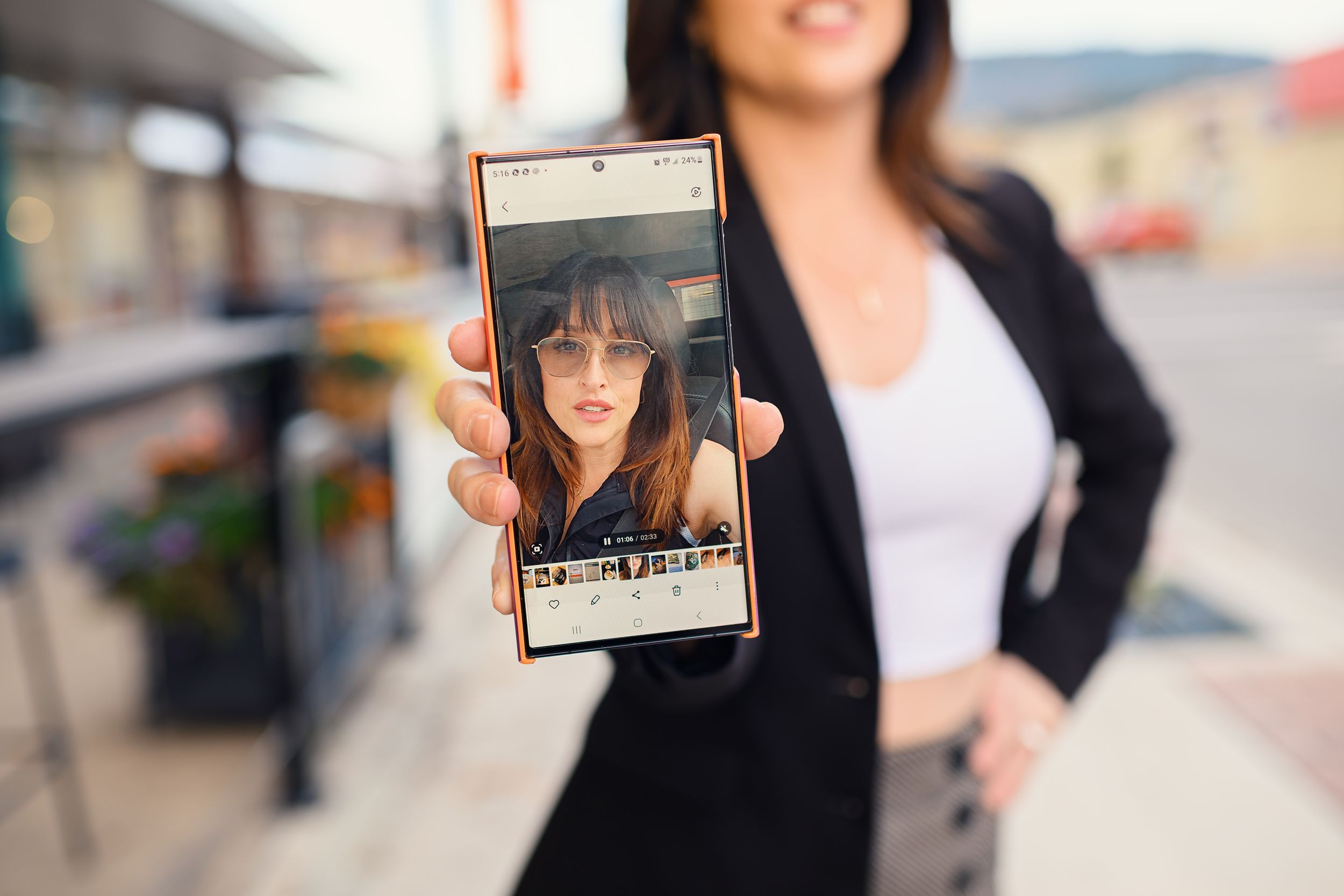 Series of photos showing someone holding up a mobile device in various outdoor settings.