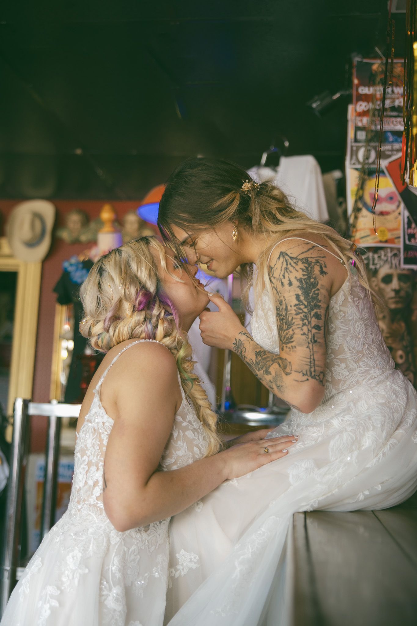 lesbian queer wedding elopement lgbtq kissing bar asheville nc bride dresses