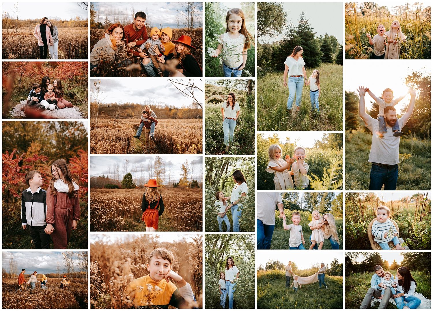 Collection of warm autumn family photos taken in golden fields at sunset.