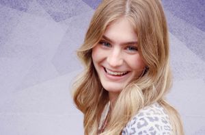 Soft focus split photo sequence showing blonde hair cascading in waves and movement against purple background.