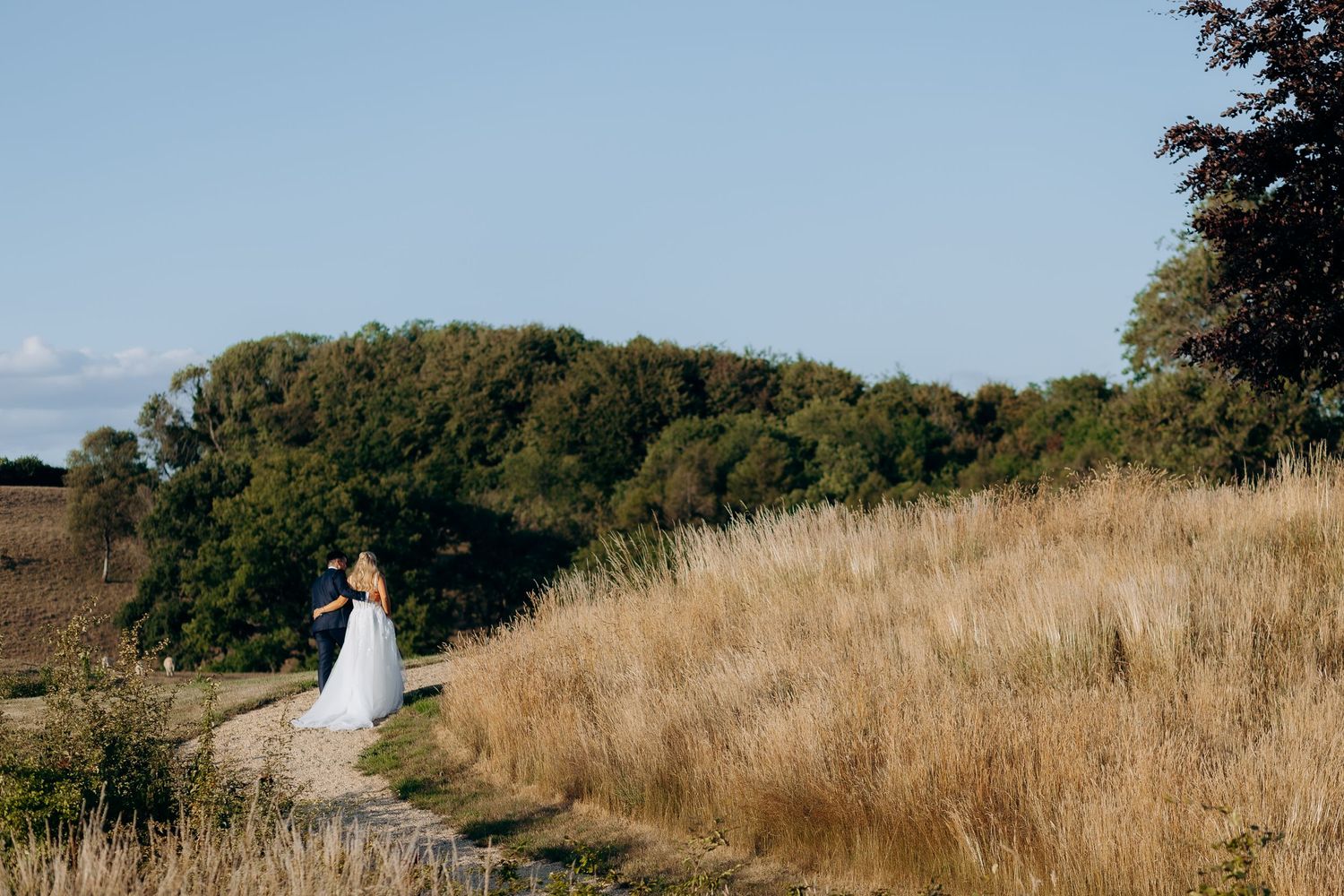 A figure in a white wedding dress stands on a scenic hillside path surrounded by golden grass and trees.