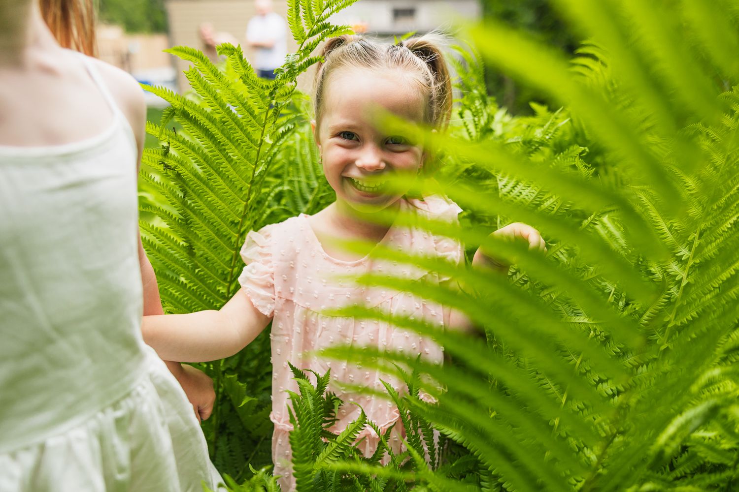 A child peeks playfully through green fern fronds in a garden setting.