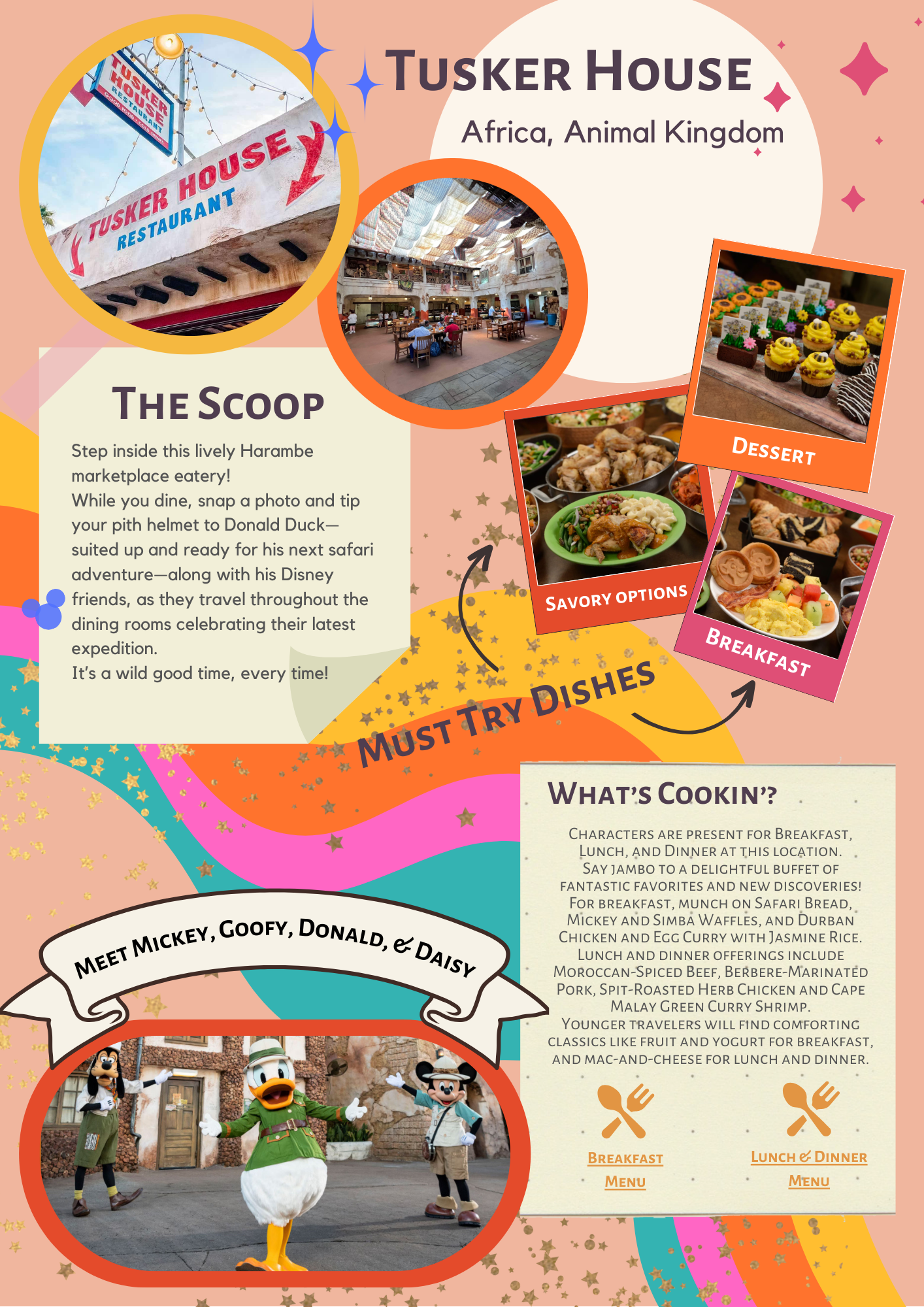 Informational guide layout for Tusker House restaurant featuring food photos and dining details.