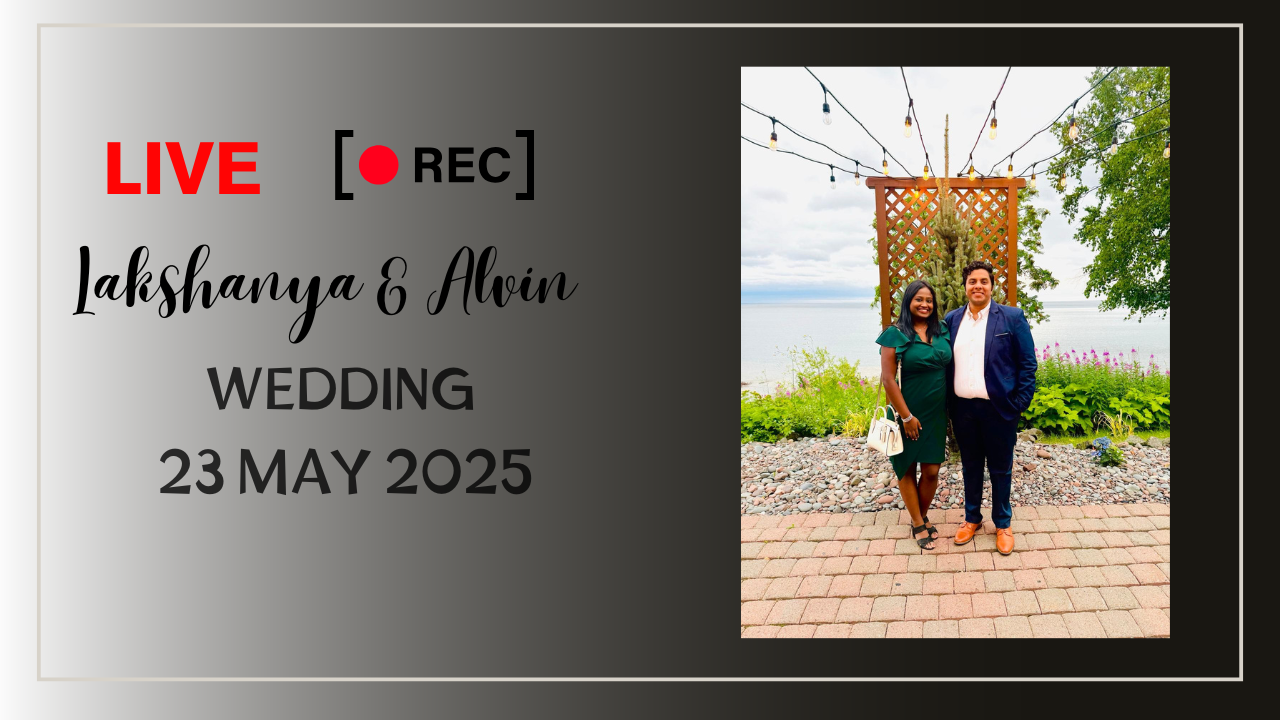 A couple sitting in tall grass at sunset with a live recording overlay and wedding date text for May 2025.