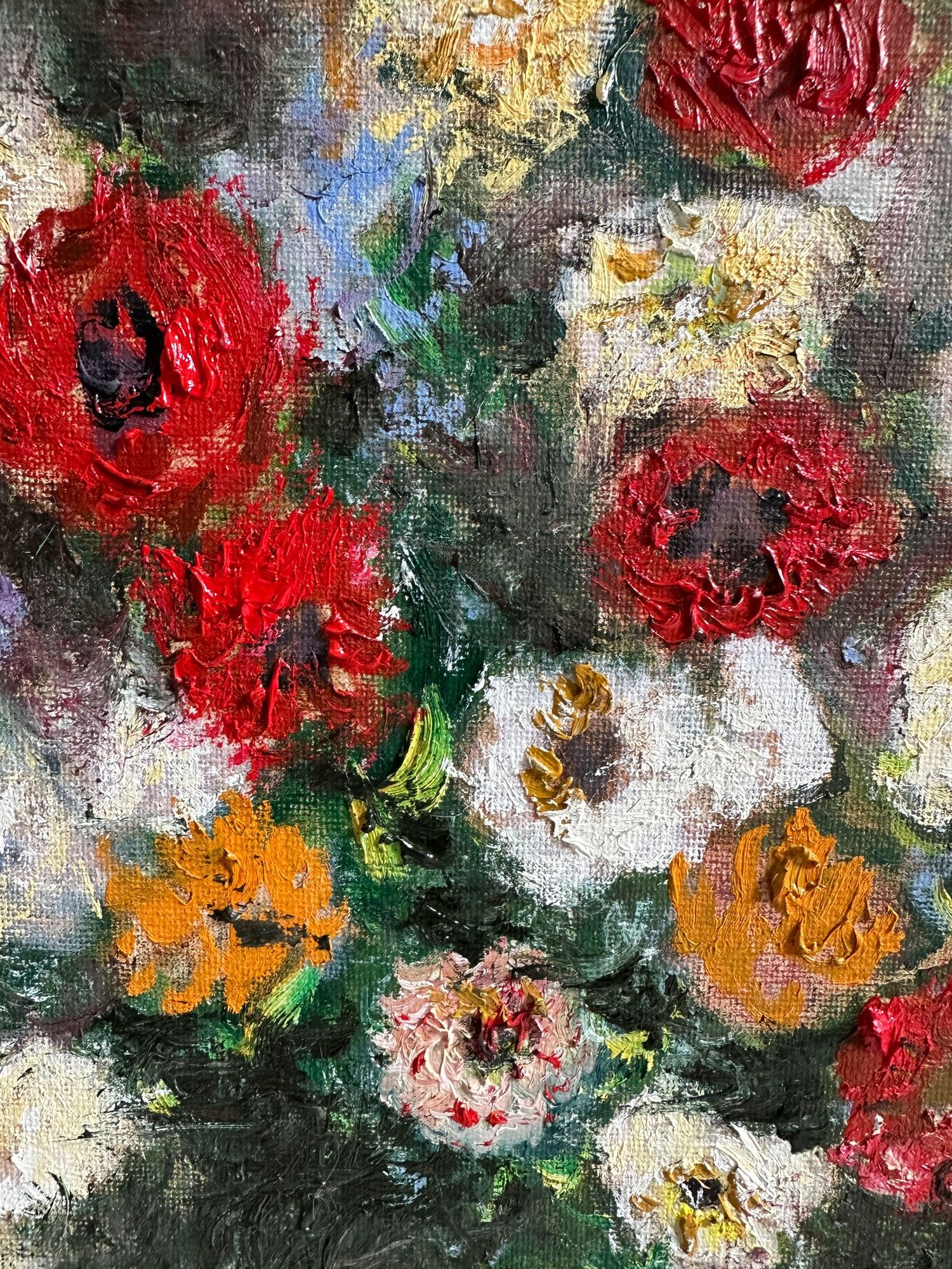 Abstract floral oil painting with vibrant red, white, and orange flowers against a dark textured background.
