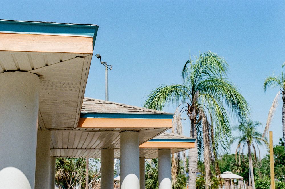 White columns and teal rooflines of a building with palm trees against a bright blue sky.