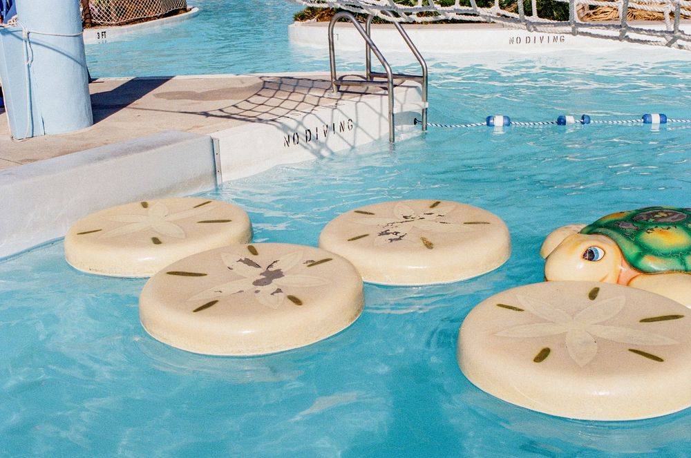 Floating sand dollar shaped pool loungers drifting in blue resort swimming pool water with ladder entry.