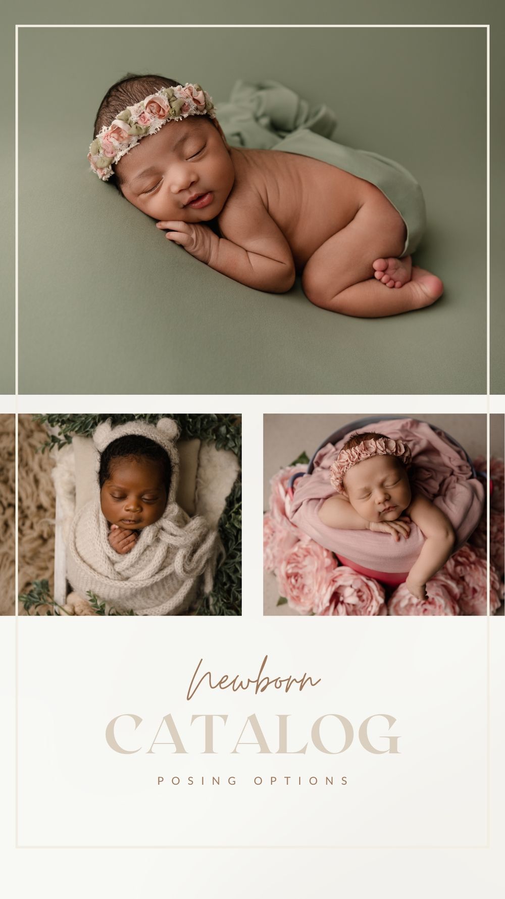 Three peaceful newborn portraits with delicate props and soft lighting showing different posing options for studio photography.
