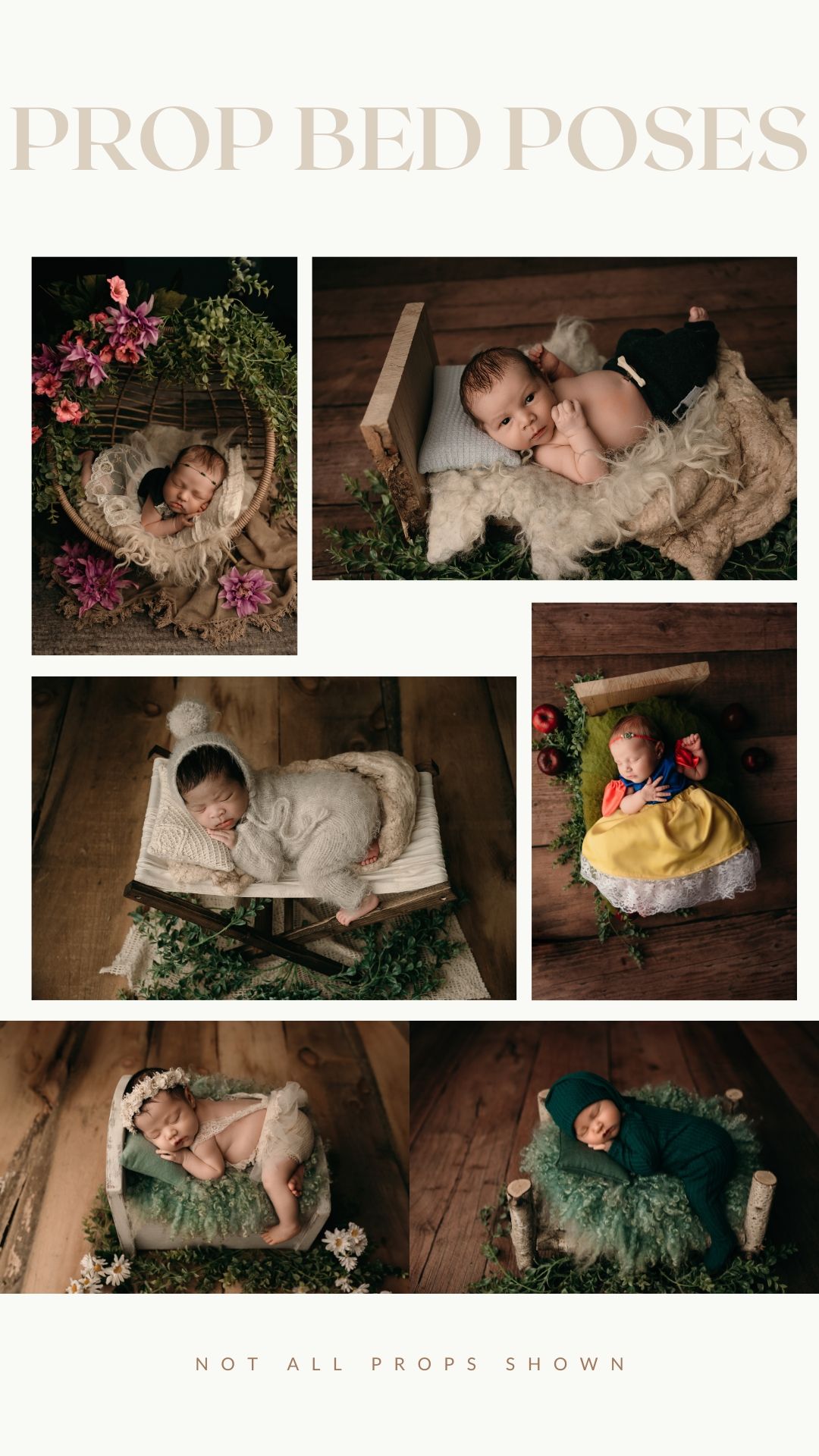 Collection of six prop bed newborn photography setups featuring floral arrangements, vintage books, and dreamy textures.