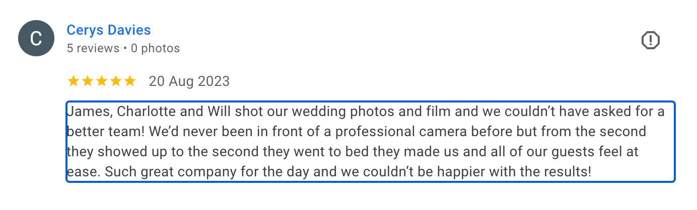 A screenshot of a 5-star review for wedding photography services.