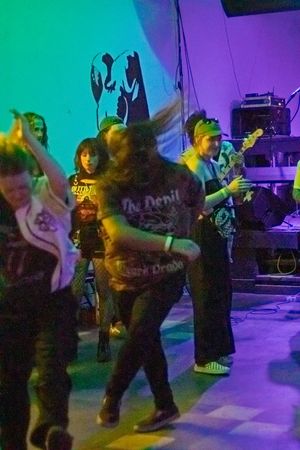 Dancers moving at a punk rock concert with colorful stage lighting in green and purple tones.