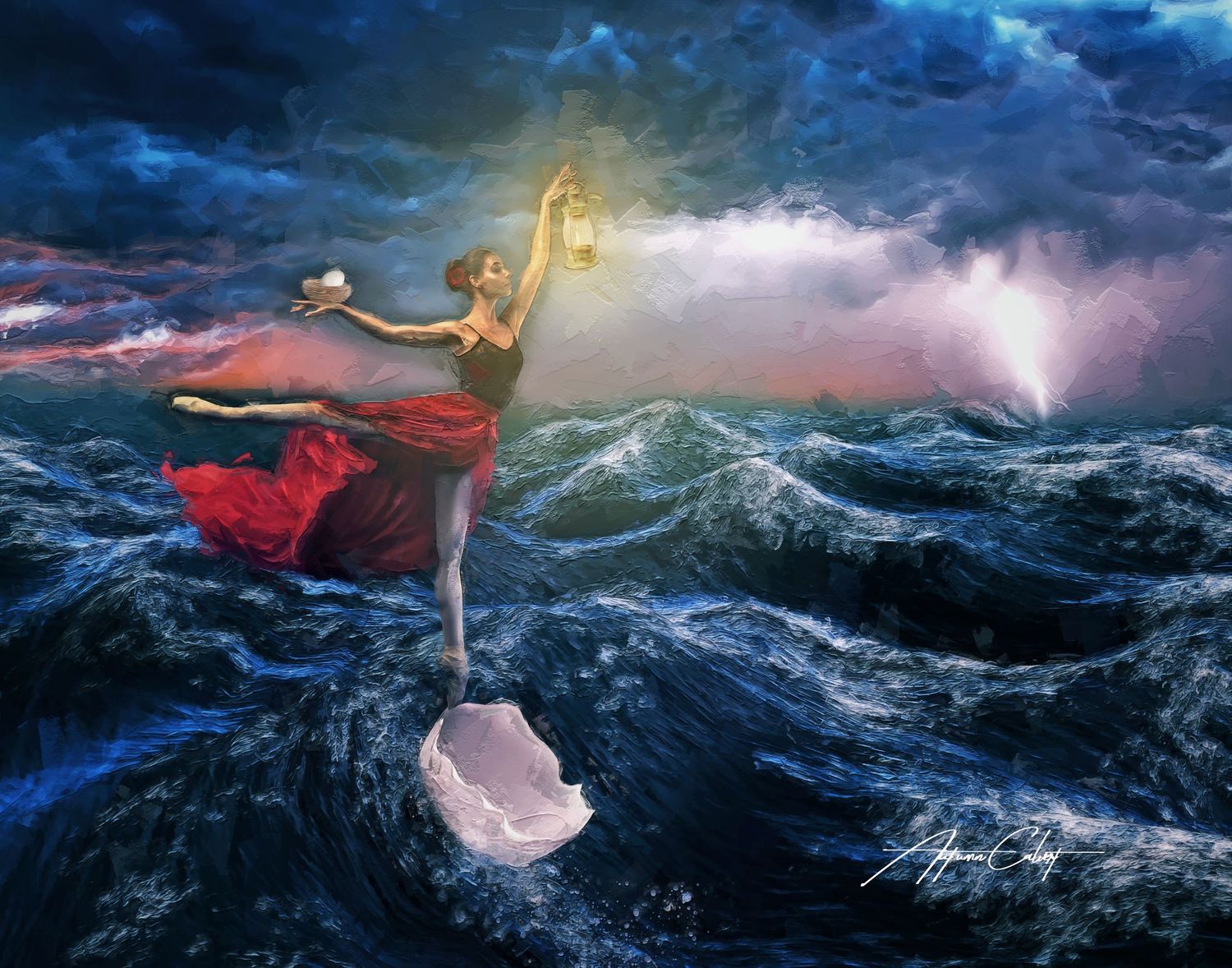 Surreal digital painting by Autumn Calvert Studios in Huntsville, Alabama, featuring a ballerina balancing on an ocean wave