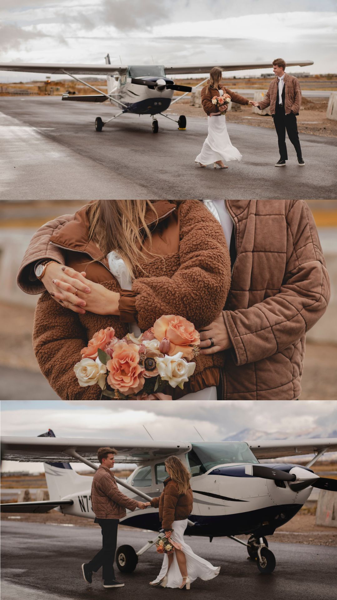 all day elopement timeline example. couple do first look at an airfield in front of a personal aircraft ontario, quebec photographer